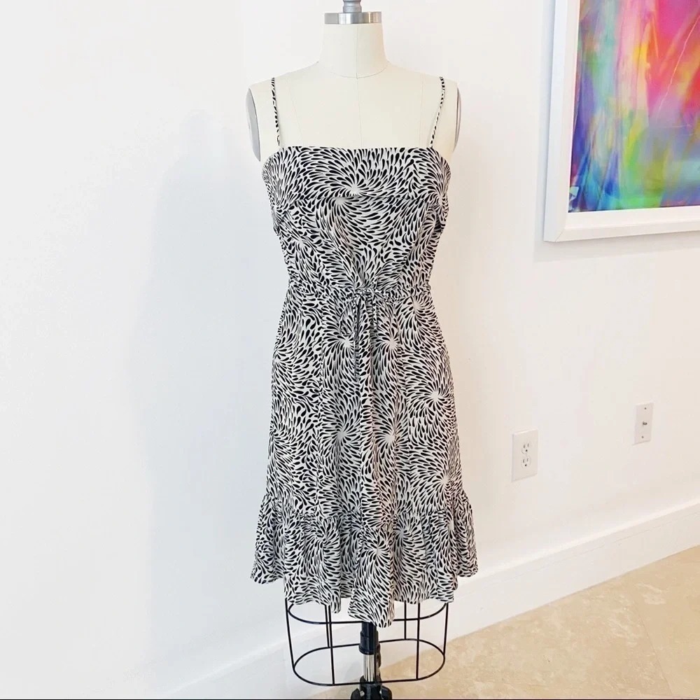 Twelfth Street by Cynthia Vincent 100% Silk Dress S Black Cream Midi Ruffle Tank - Picture 2 of 10